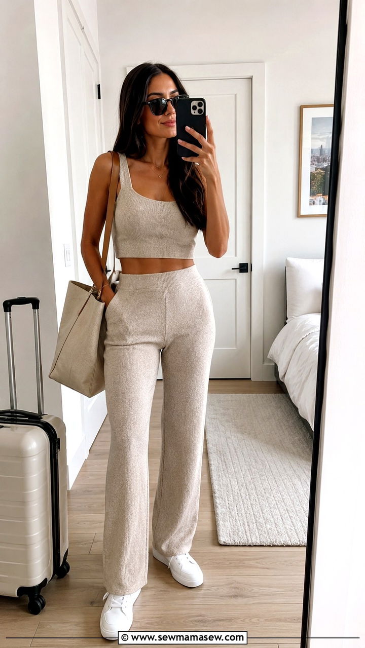 Monochrome Knit Lounge Set with Sneakers - 30 Petite outfit ideas with hourglass figure
