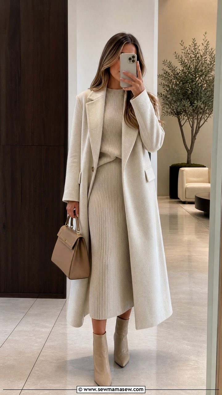 Monochrome Knit Set With Structured Longline Coat - 35 Modern office outfit ideas