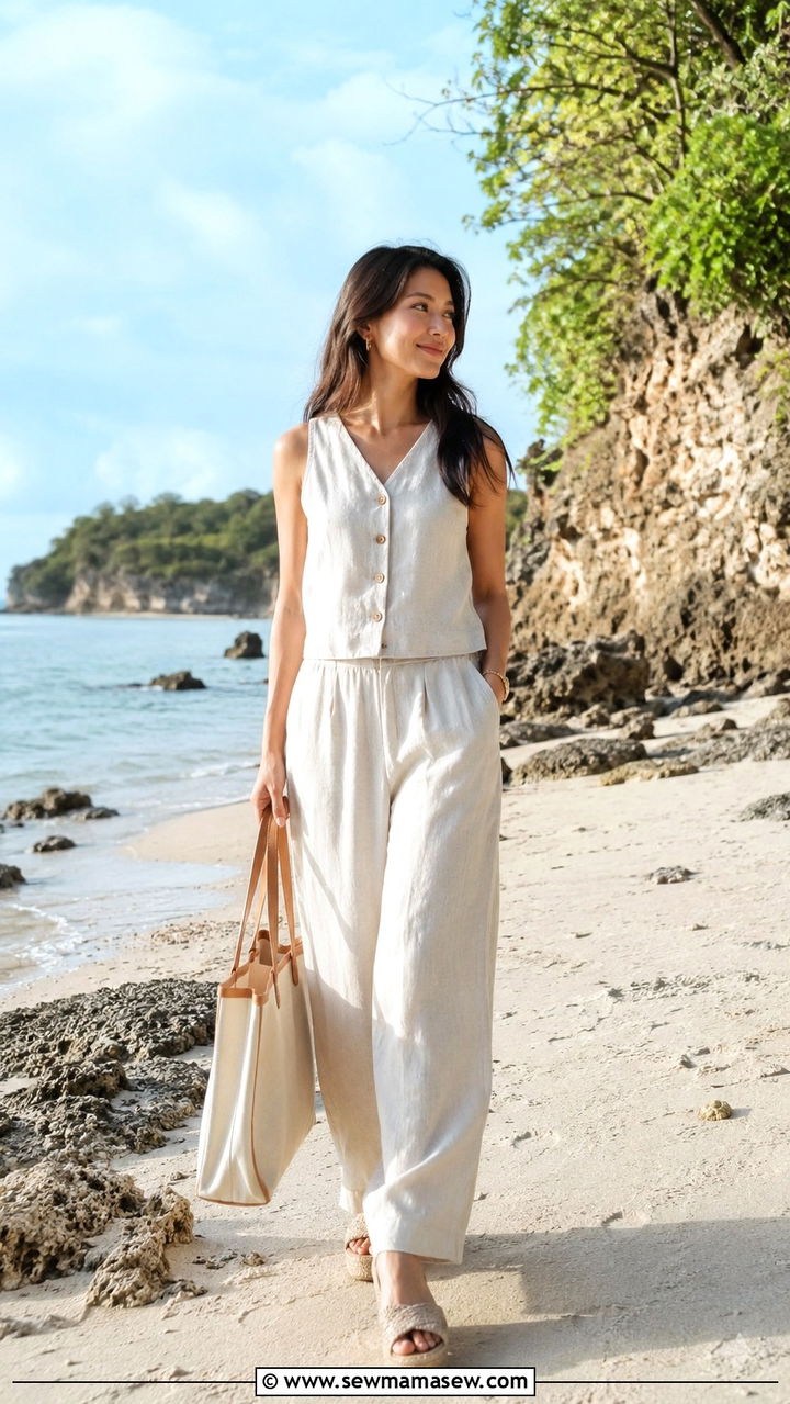 Monochrome Linen Set With Woven Wedge Sandals - 30 Petite outfit ideas to elongate legs