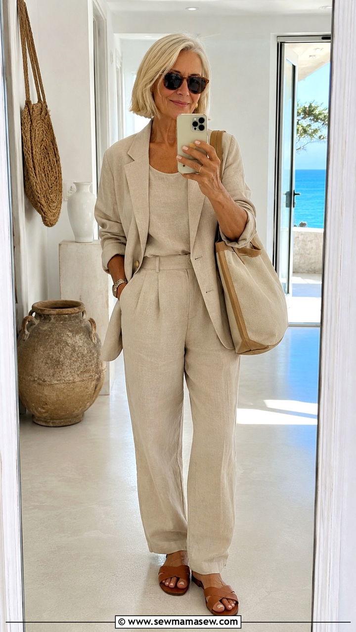 Monochrome Linen Suit for Women Over 60 - 20 Quiet luxury outfit ideas for women over 60