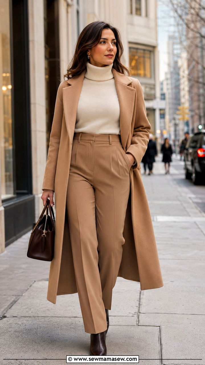 Monochrome Look with Turtleneck High Waist Trousers and Long Coat - 25 work outfits for pear shaped body
