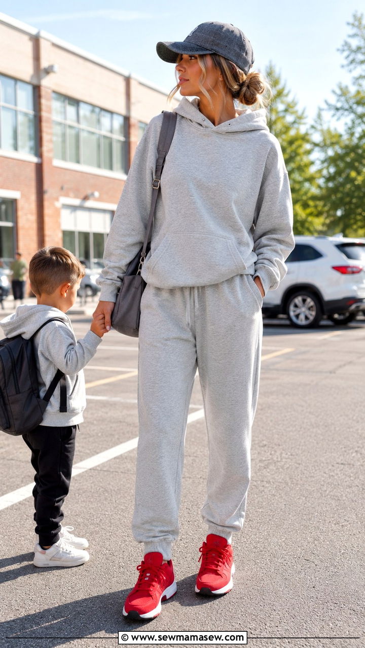 Monochrome Lounge Set with Color Pop Sneakers - 20 Loungewear outfit ideas school run
