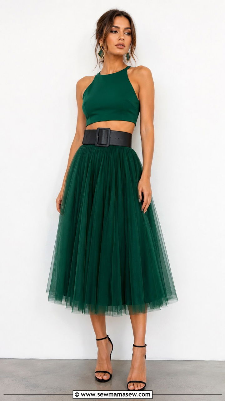 Monochrome Matching Crop Top and Tulle Skirt Set - 20 Tulle skirt outfit ideas with a crop top