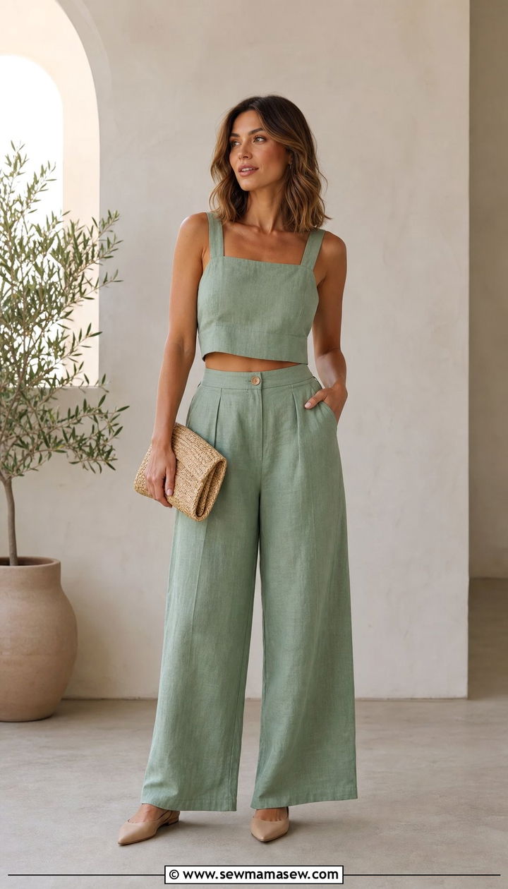 Monochrome Matching Linen Set with Nude Pointed Toe Flats - 25 Summer outfits for short legs