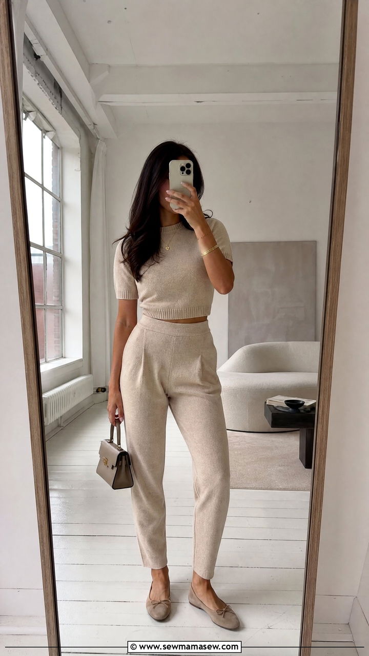 Monochrome Matching Set in Neutral Tones - 25 Petite outfit ideas under 5 feet