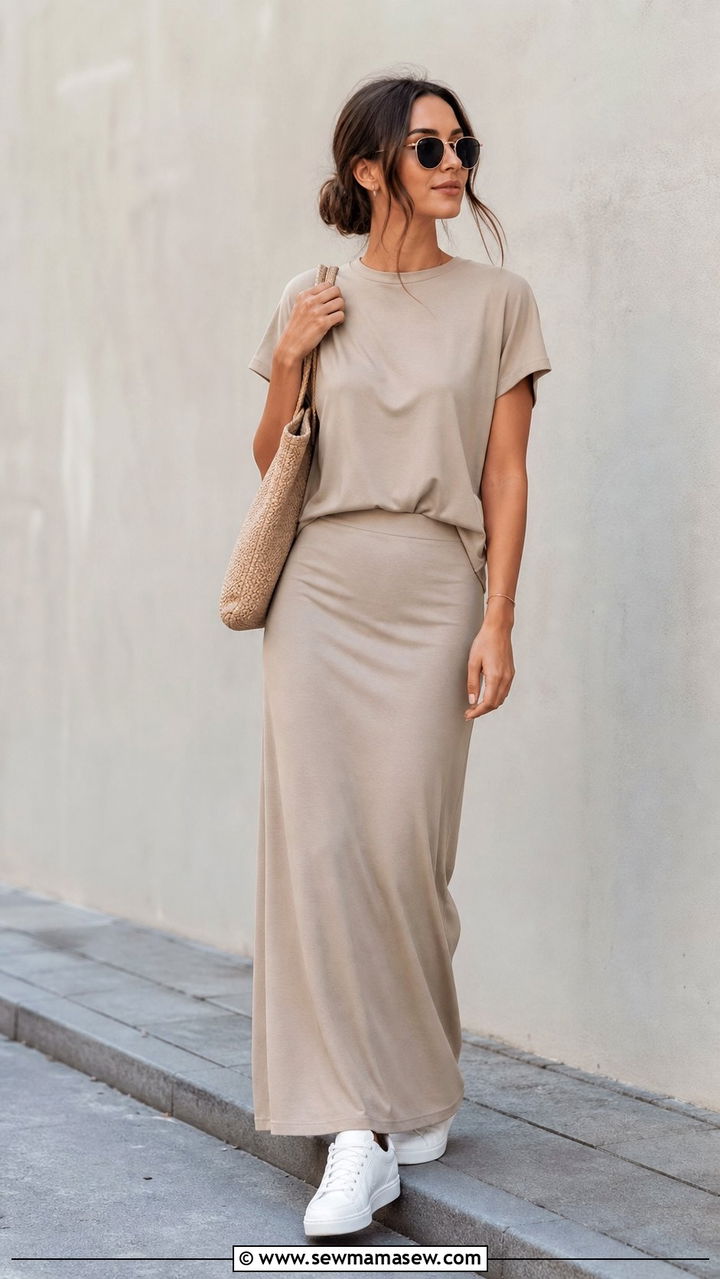 Monochrome Maxi Skirt Outfit with White Sneakers - 35 casual maxi skirt outfits