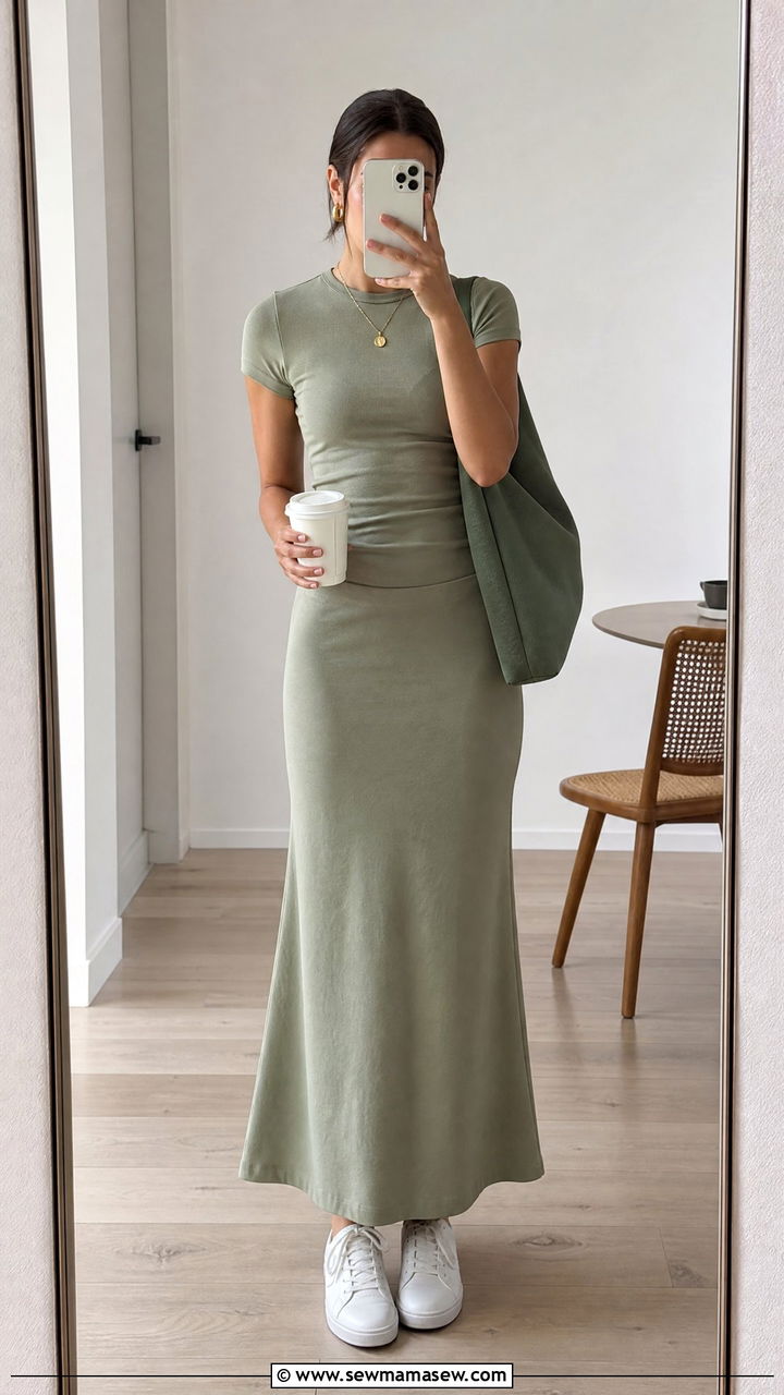 Monochrome Maxi Skirt With Fitted Top And Minimal Sneakers - 35 maxi skirt outfits aesthetic
