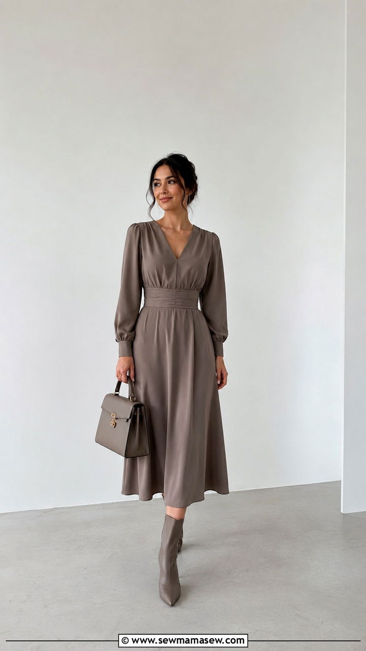 Monochrome Midi Dress With Cinched Waist - 30 Petite outfit ideas to elongate legs