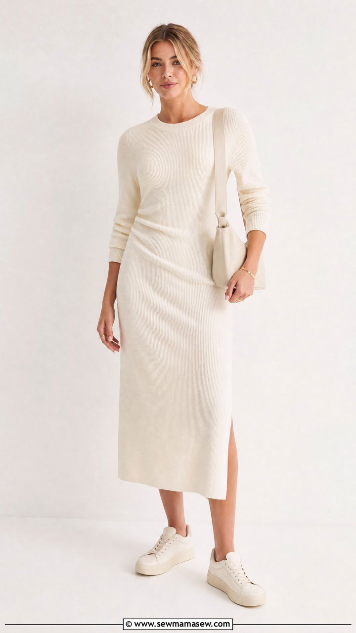 Monochrome Midi Dress With Matching Sneakers - 30 Midi dress outfit ideas with sneakers