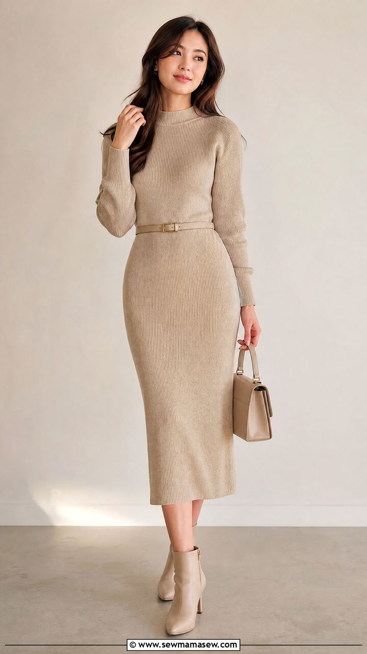 Monochrome Midi Dress with Belted Waist Outfit - 25 Petite outfit ideas under 5'4