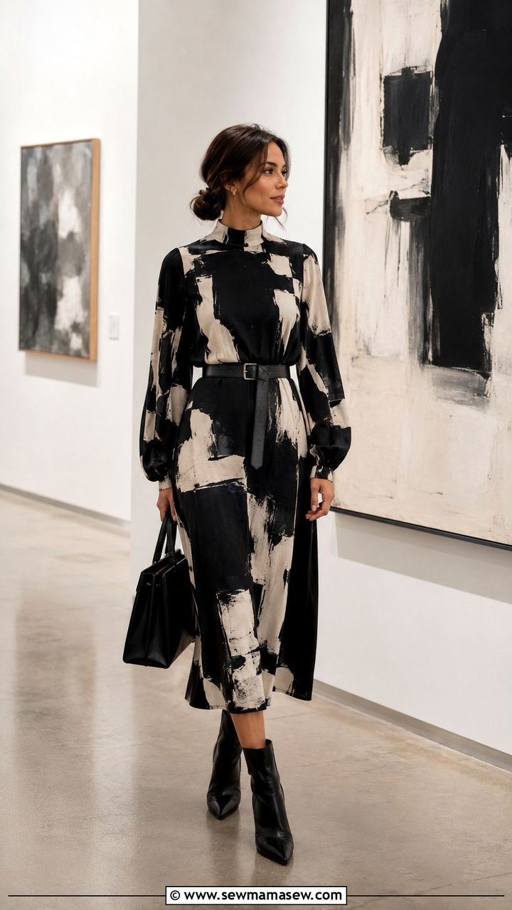 Monochrome Midi Dress with Leather Belt and Black Ankle Boots - 30 Midi dress outfit ideas with a belt