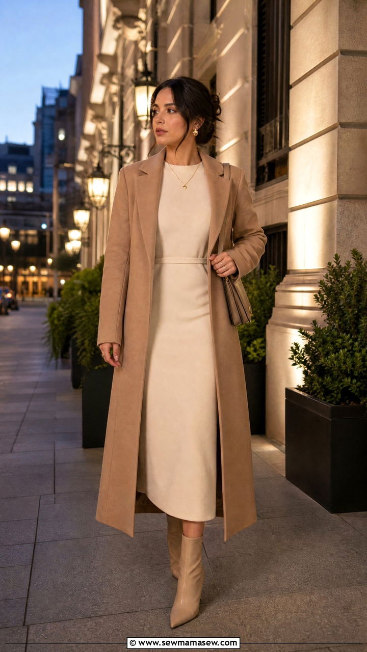 Monochrome Midi Dress with Longline Coat Outfit - 30 modest classy outfits ideas