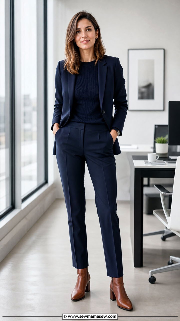 Monochrome Navy Blue Blazer and Trousers with Brown Leather Ankle Boots - 40 Parisian outfit ideas