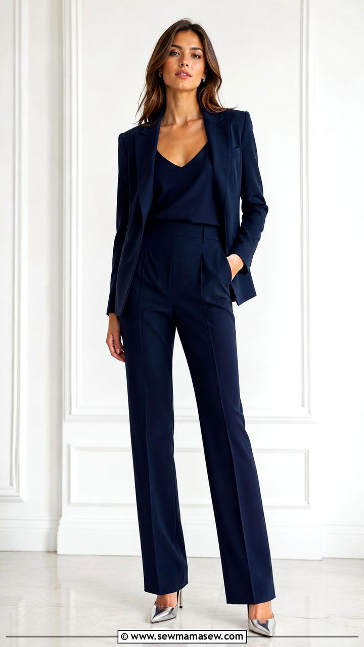 Monochrome Navy Pantsuit with Metallic Heels - 25 Outfits that flatter the midsection
