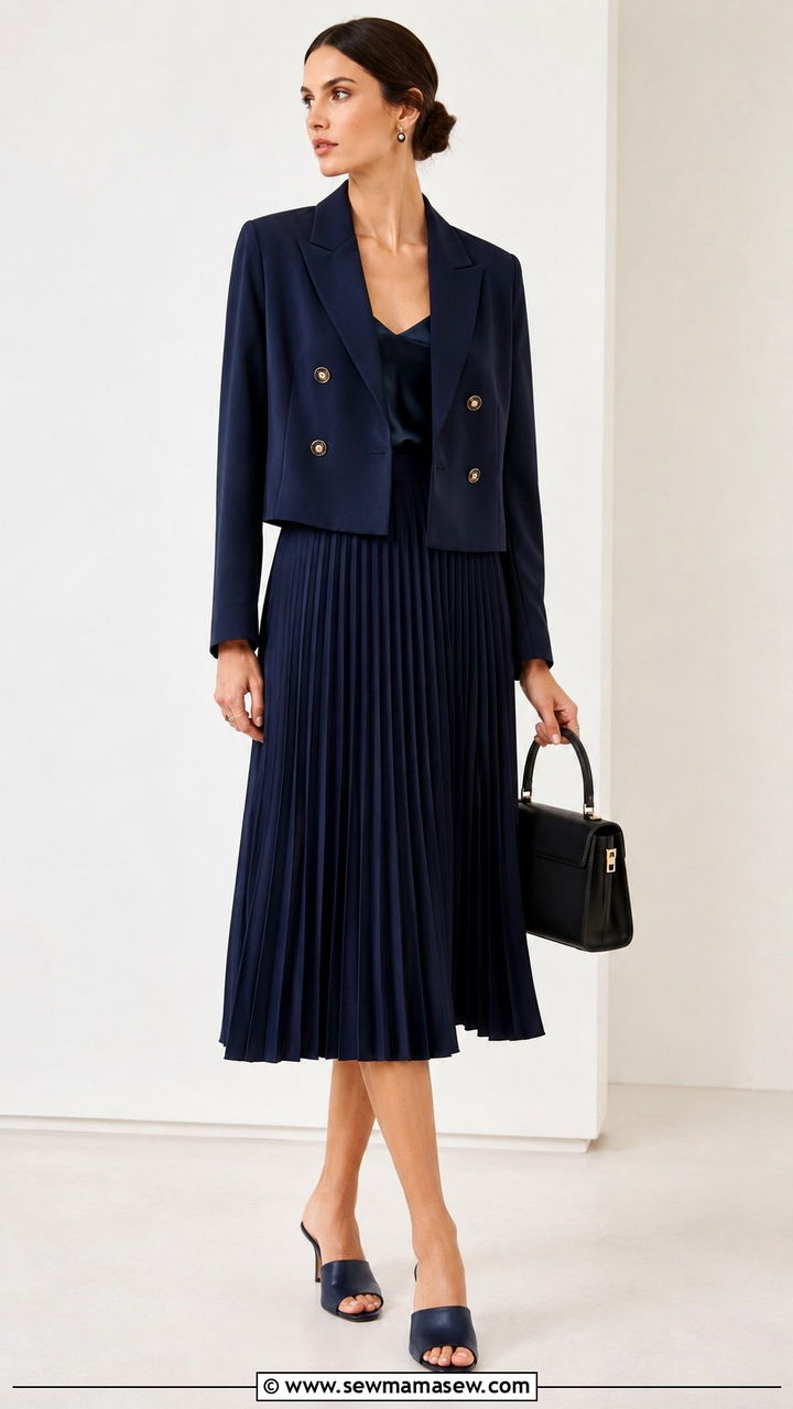 Monochrome Navy Pleated Skirt Suit with Peep Toe Heels - 20 Old money outfit ideas Gwyneth Paltrow
