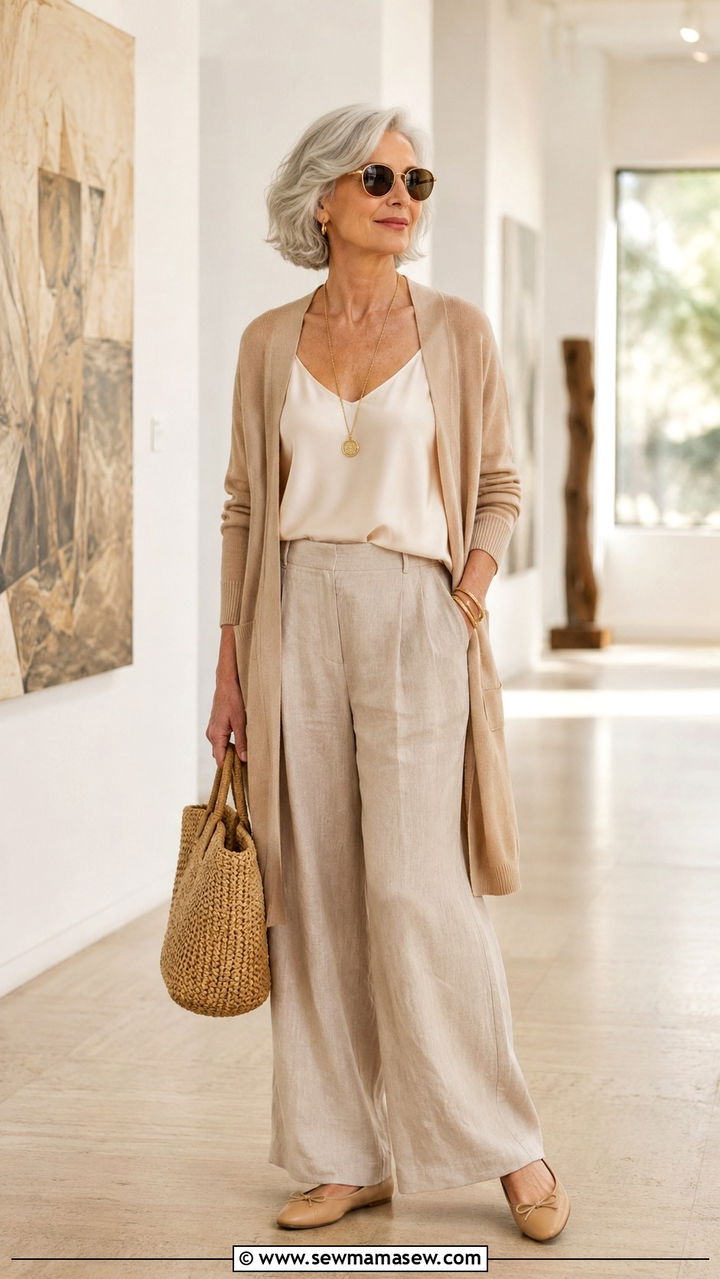 Monochrome Neutral Layers Outfit - 30 Chic outfit ideas for women over 60