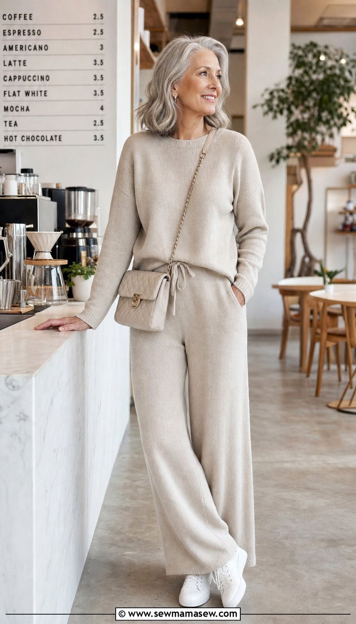 Monochrome Neutral Lounge Set With White Sneakers - 25 Elevated casual outfit ideas for women over 60