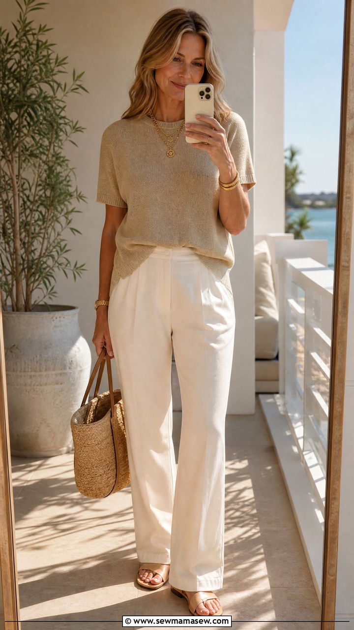 Monochrome Neutral Outfit With Gold Jewelry - 25 Fashion over 40 outfit ideas