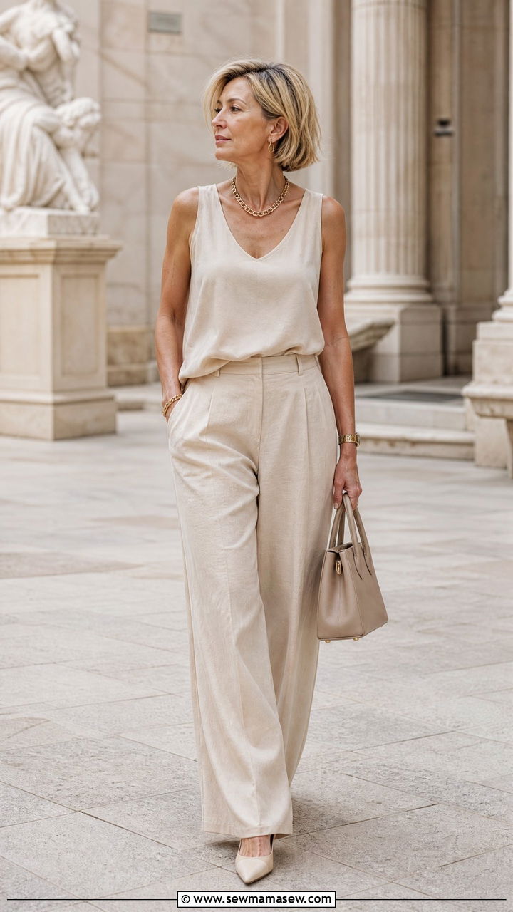 Monochrome Neutral Set With Slingbacks - 25 Fashion over 50 outfit ideas