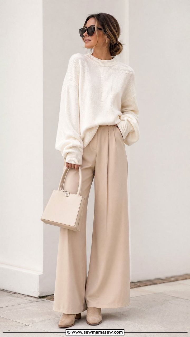 Monochrome Neutral Sweater and Wide Leg Trousers with Chelsea Boots - 35 errands outfits for women