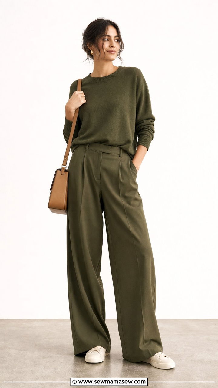 Monochrome Olive Green Trousers and Lightweight Sweater - 25 Early April outfit ideas