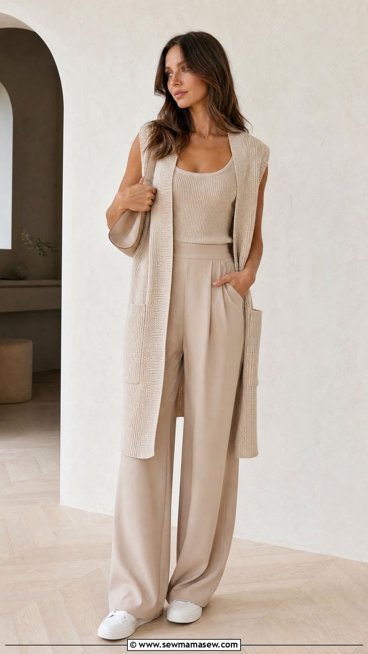 Monochrome Outfit With Layered Vest - 25 casual outfits for rectangle body shape