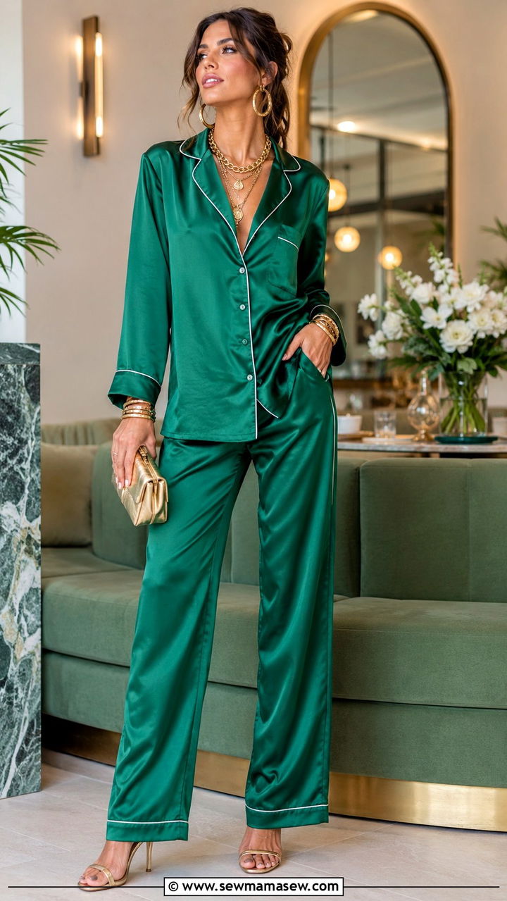 Monochrome Pajama Set With Bold Jewelry - 30 Spring pajama outfit ideas