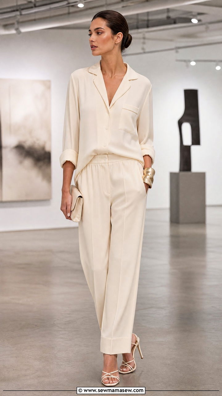 Monochrome Pajama Set With Minimalist Heels - 25 Classic pajama set outfit ideas