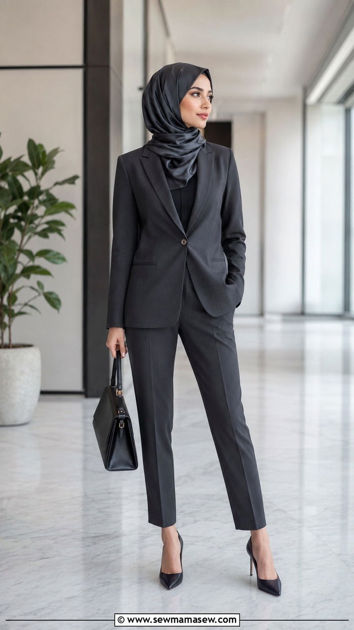 Monochrome Pantsuit with Satin Hijab - 25 work outfits for hijab women