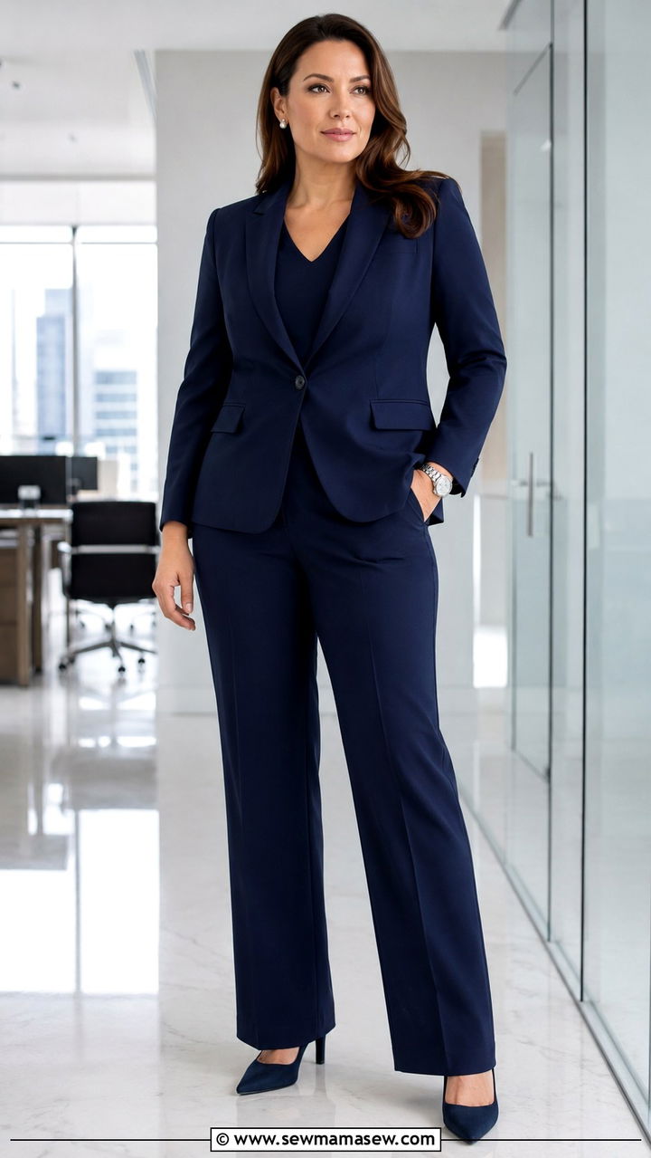 Monochrome Pantsuit with a V Neck Shell - 20 work outfits for apple shaped body