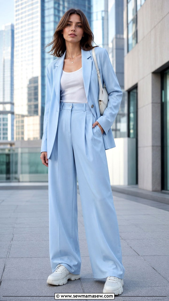 Monochrome Pastel Blue Suit With White Sneakers - 20 Put together summer outfit ideas 2026