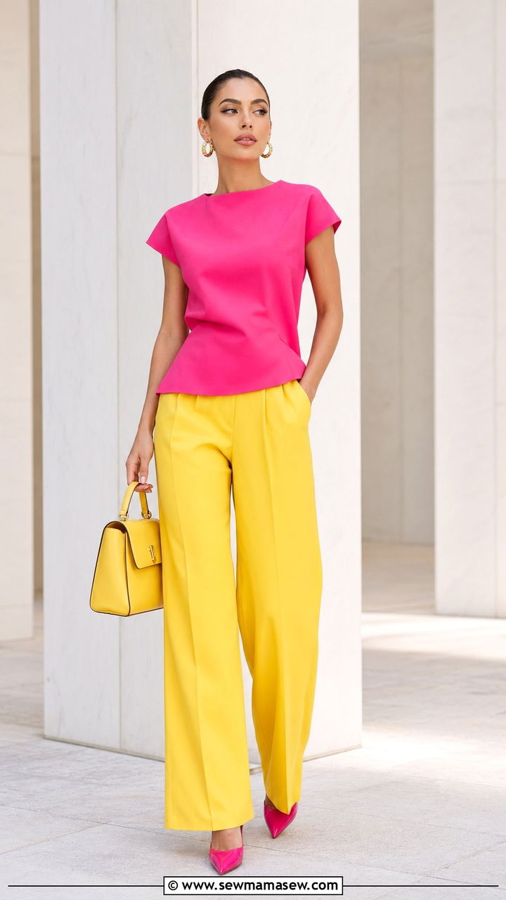 Monochrome Pink and Yellow Color Block Look - 30 Yellow and pink outfit ideas