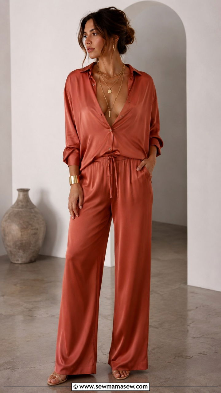 Monochrome Satin Set With Gold Jewelry - 25 Satin loungewear outfit ideas