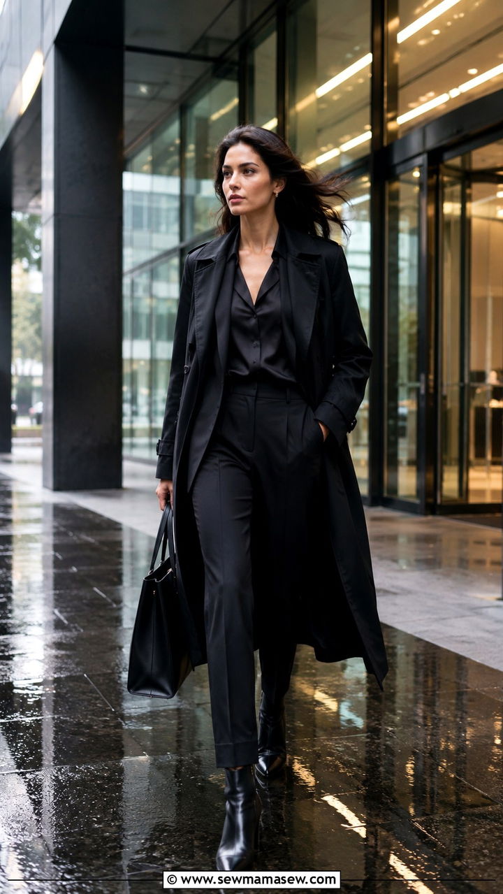 Monochrome Suit With Water Resistant Trench - 30 Rainy day work outfit ideas