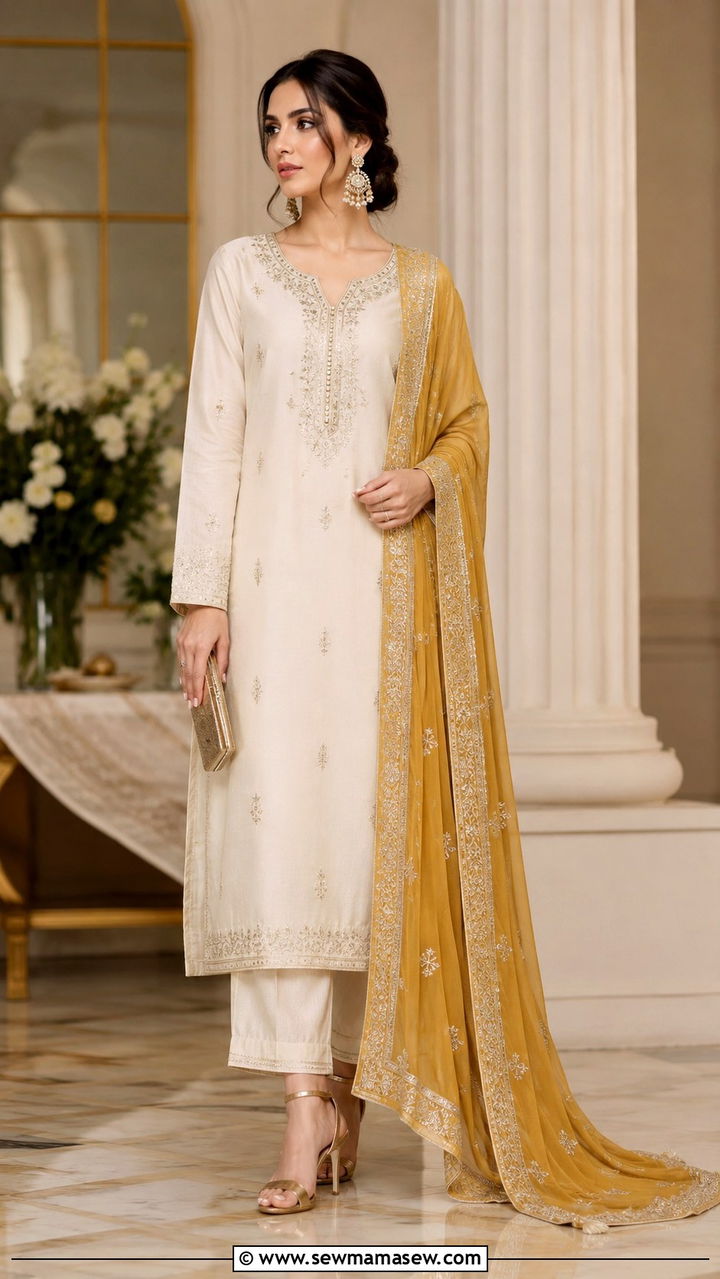 Monochrome Suit with Contrast Dupatta - 30 Karachi outfit ideas