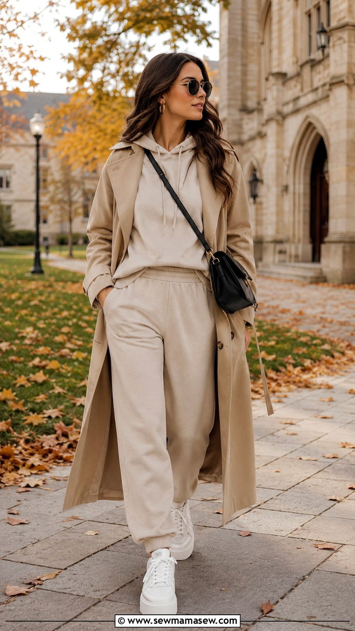 Monochrome Sweatpants Set With Trench Coat - 30 School outfit ideas with sweatpants