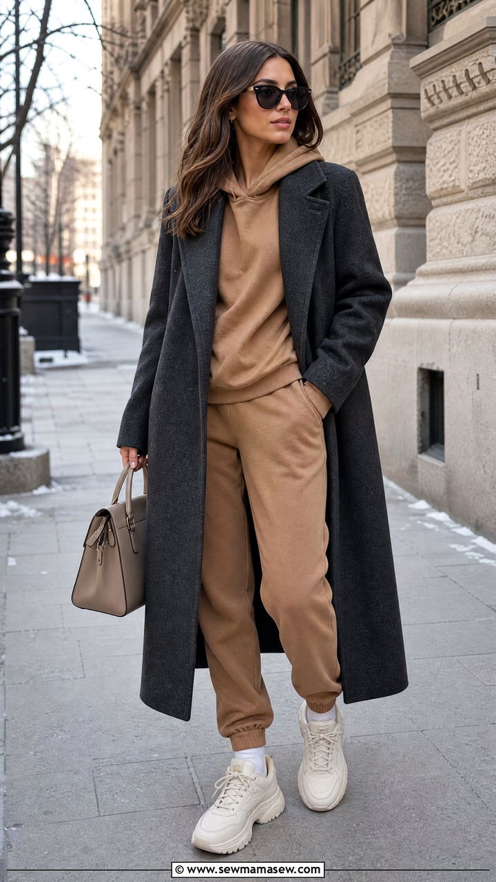 Monochrome Sweatsuit with Long Wool Coat - 30 classy sporty chic outfit ideas