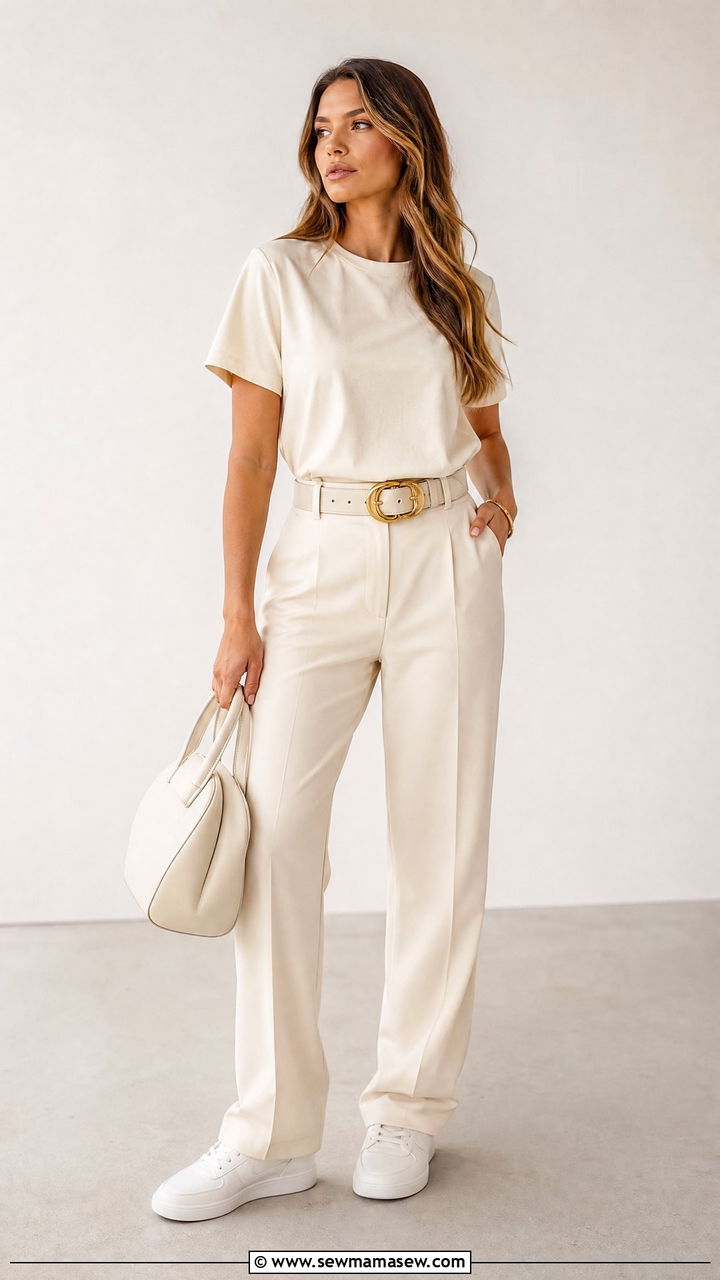 Monochrome T Shirt Outfit With Statement Belt and Matching Bag - 35 how to style basic t-shirt