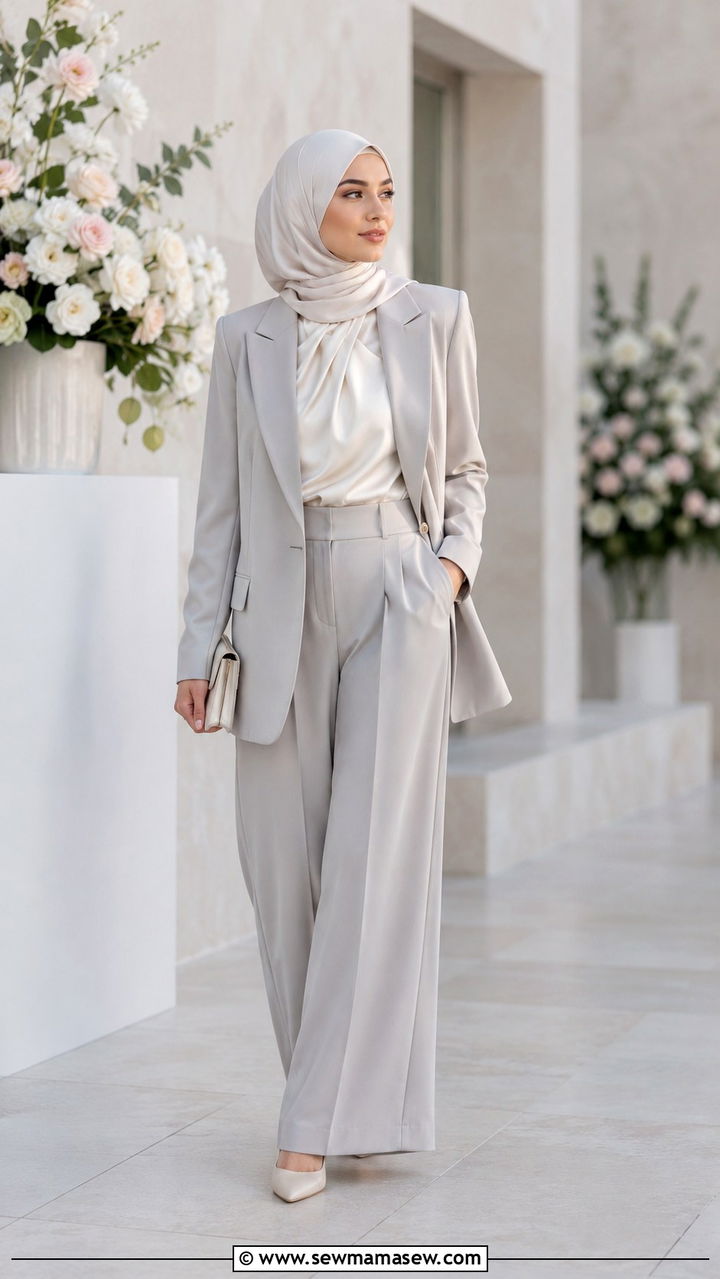 Monochrome Tailored Trouser Suit - 30 Modest wedding guest outfit ideas for Muslim women