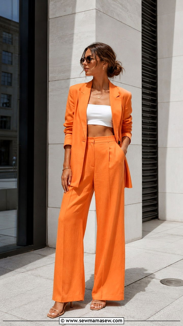 Monochrome Tangerine Suit Summer Outfit - 20 summer tangerine outfit ideas