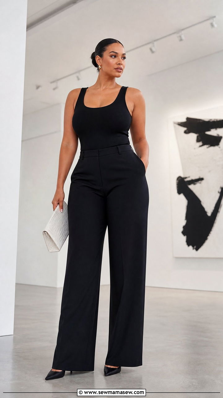 Monochrome Tank Top Outfit with Wide Leg Trousers and a Statement Clutch - 25 Flattering outfits for big thighs