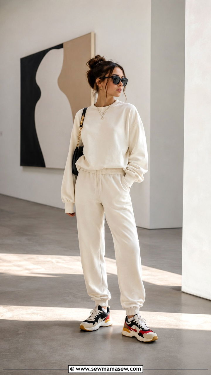 Monochrome Track Pants Outfit With Statement Sneakers - 30 chic track pants outfit ideas