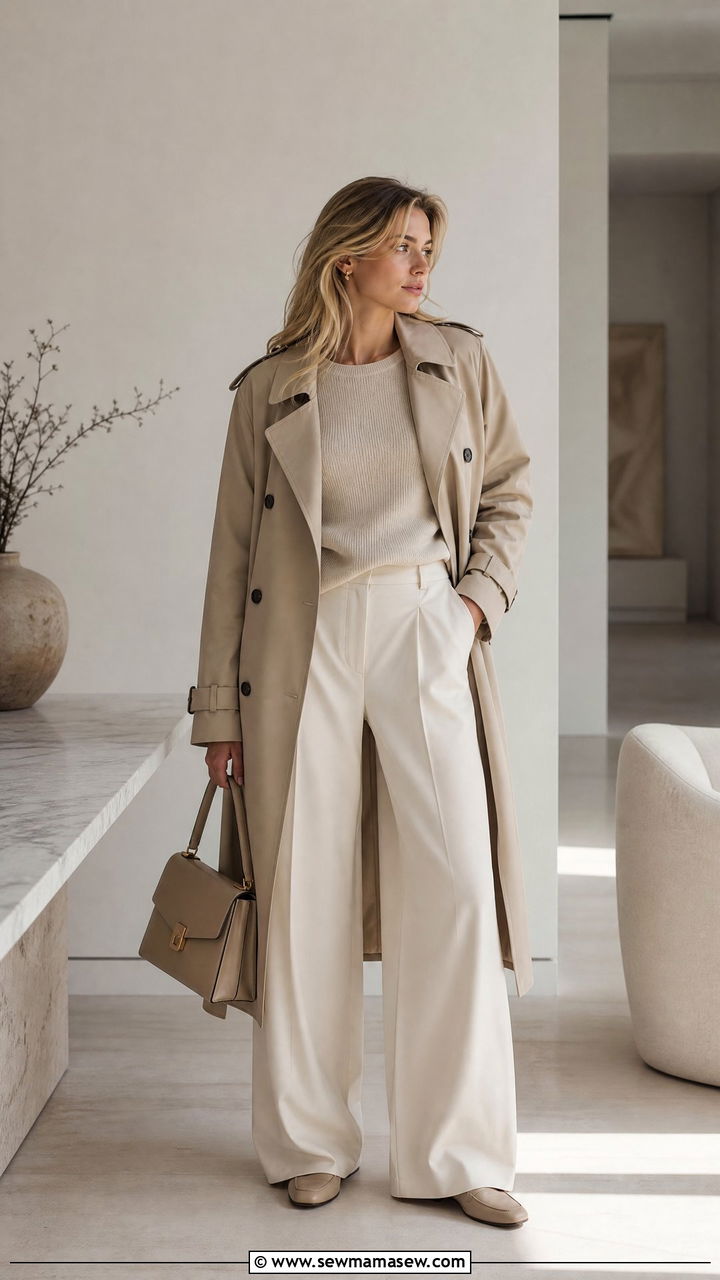 Monochrome Trench Coat And Wide Leg Trousers Outfit - 25 Wide leg trousers outfit ideas with a trench coat