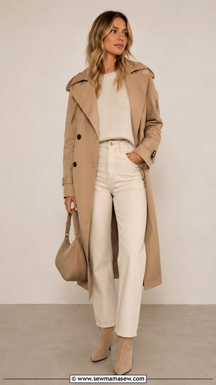 Monochrome Trench Coat With High Waisted Jeans - 30 High waisted jeans outfit ideas with a trench coat