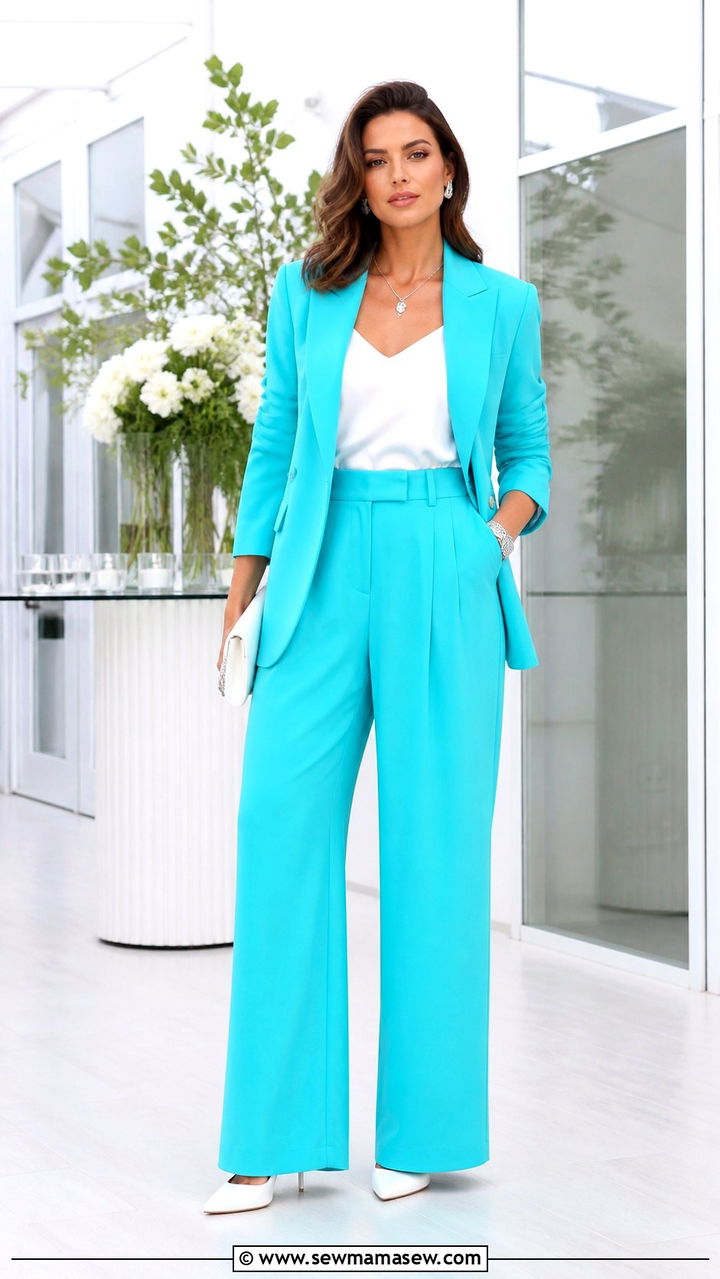 Monochrome Turquoise Tailored Suit with White Pumps - 40 All turquoise outfit ideas
