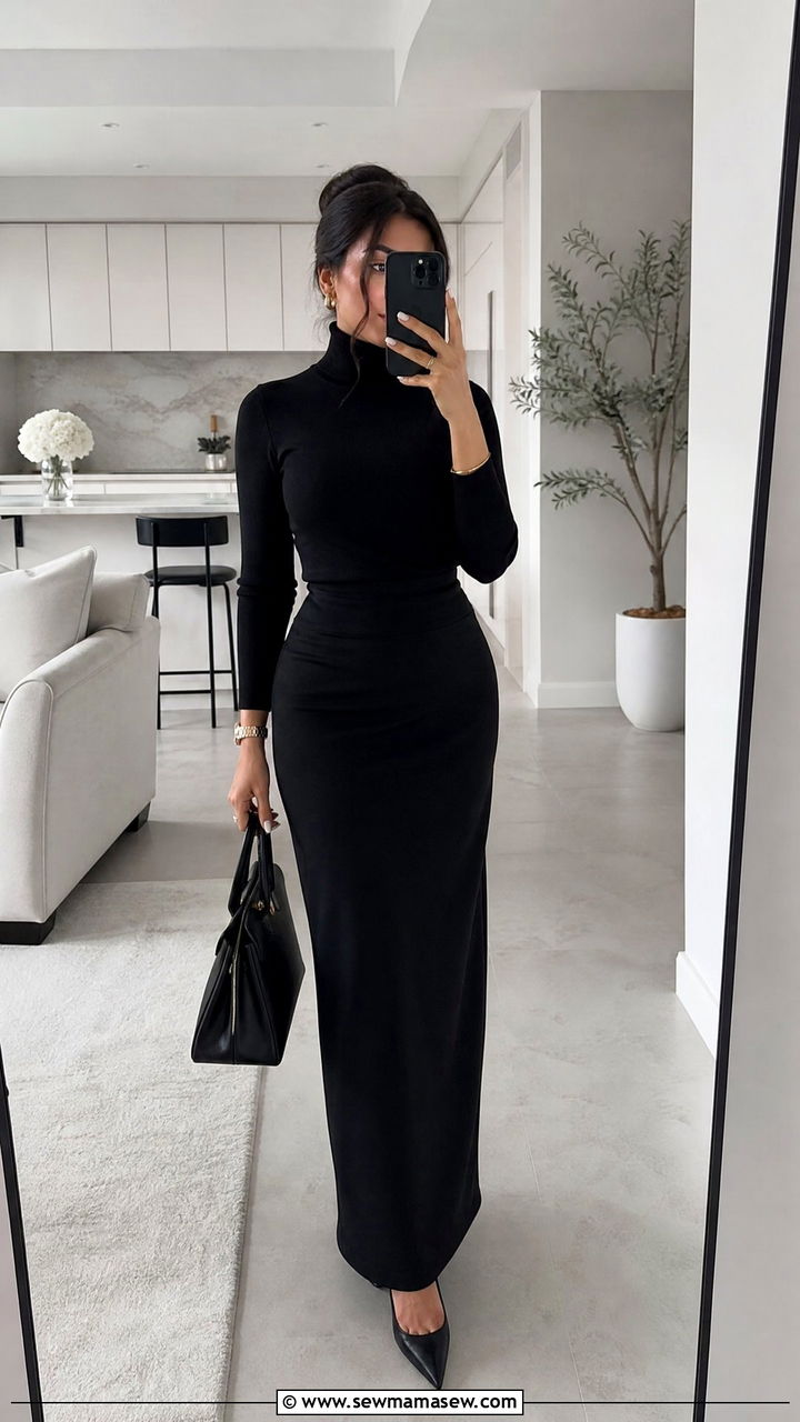 Monochrome Turtleneck and Maxi Skirt - 25 Matching set outfit ideas modest