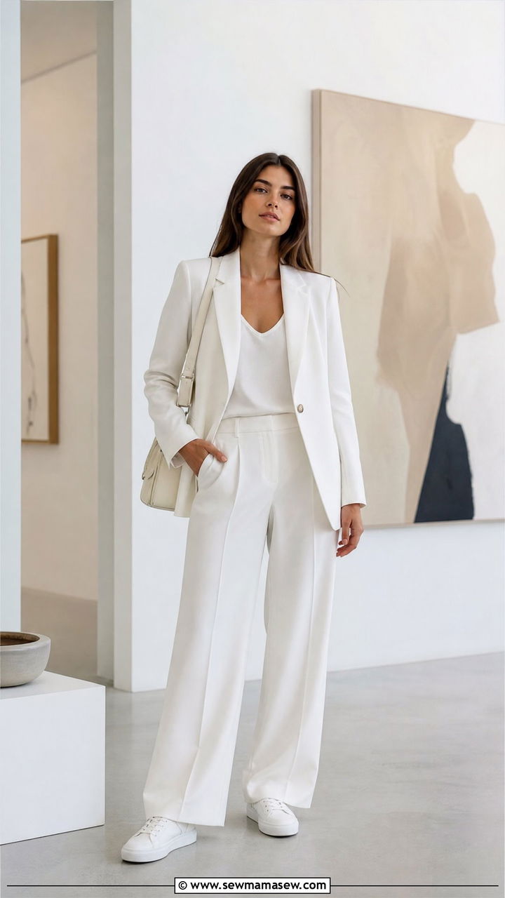 Monochrome White Blazer and Wide Leg Pants Office Outfit - 35 Minimalist work outfit ideas