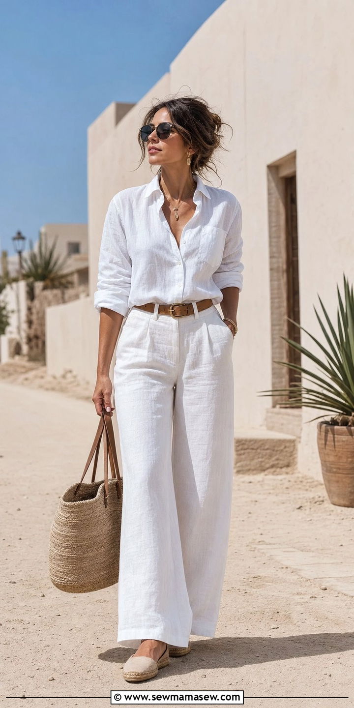 Monochrome White Linen Outfit With Straw Tote - 25 Summer desert outfits