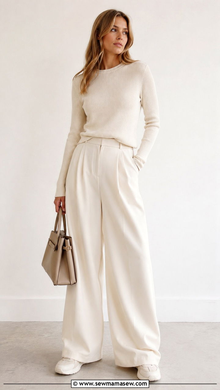 Monochrome Wide Leg Trousers Outfit With Sneakers - 25 Wide leg trousers outfit ideas with sneakers