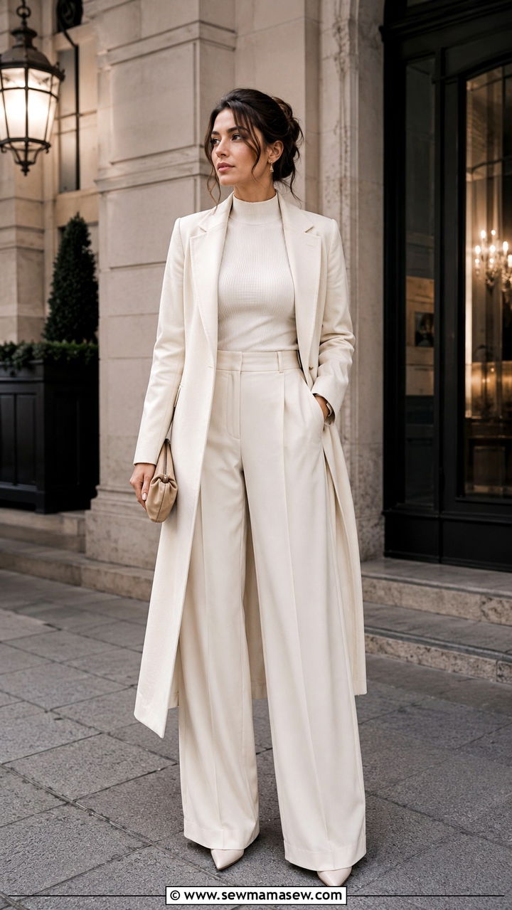 Monochrome Wide Leg Trousers With Mock Neck Top And Long Coat - 30 modest girls night out outfit ideas